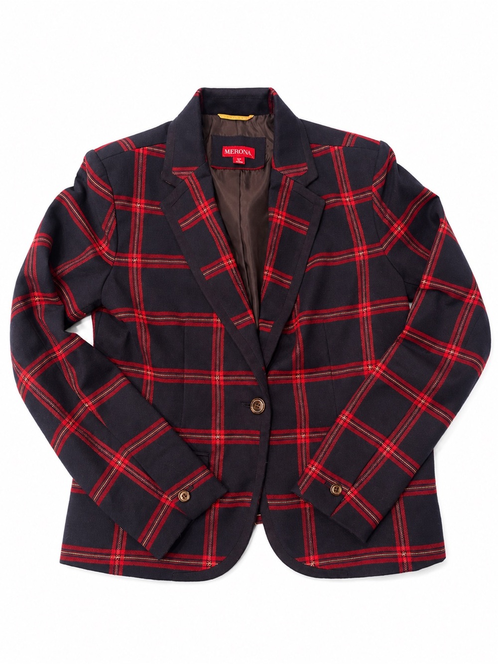 Merona Plaid Blazer Women’s 10 Navy Red Tartan Check Wool Blend Preppy Holiday